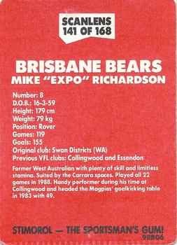 1989 Scanlens VFL #141 Mike Richardson Back